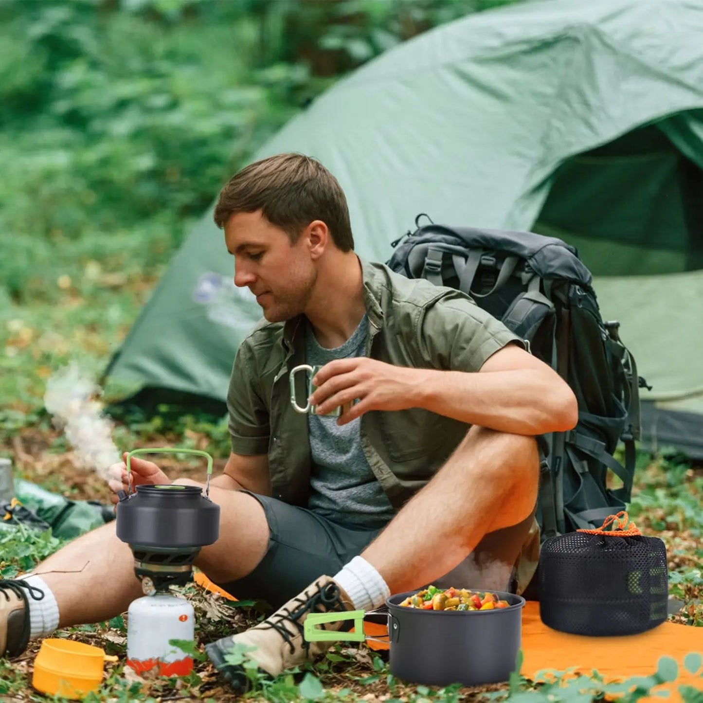 16Pcs Camping Cooking Ware Set Camping Stove Cookware Kit Aluminum Pot Pan Kettle Set with Bowls Knife Fork Spoon Carabiner Spatula Cutting Board for Hiking Picnic Outdoor Doba