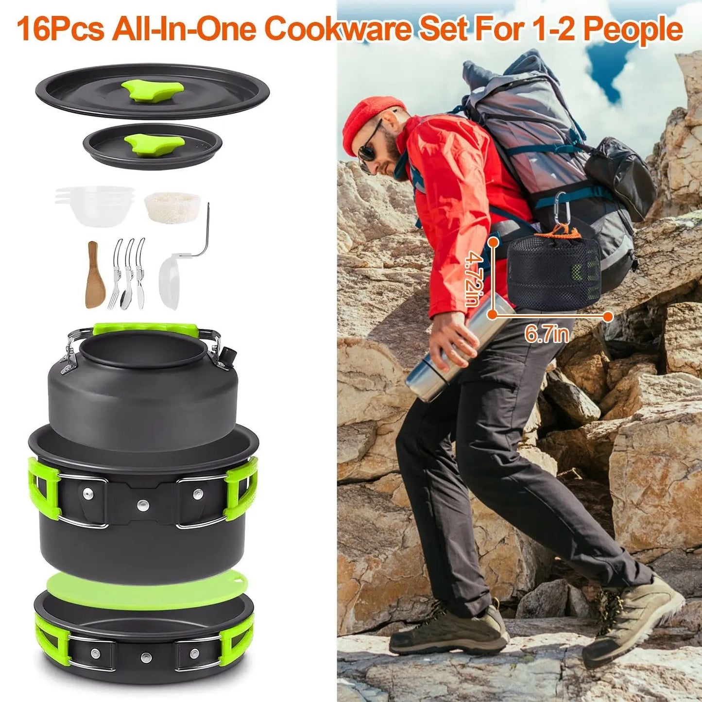 16Pcs Camping Cooking Ware Set Camping Stove Cookware Kit Aluminum Pot Pan Kettle Set with Bowls Knife Fork Spoon Carabiner Spatula Cutting Board for Hiking Picnic Outdoor Doba