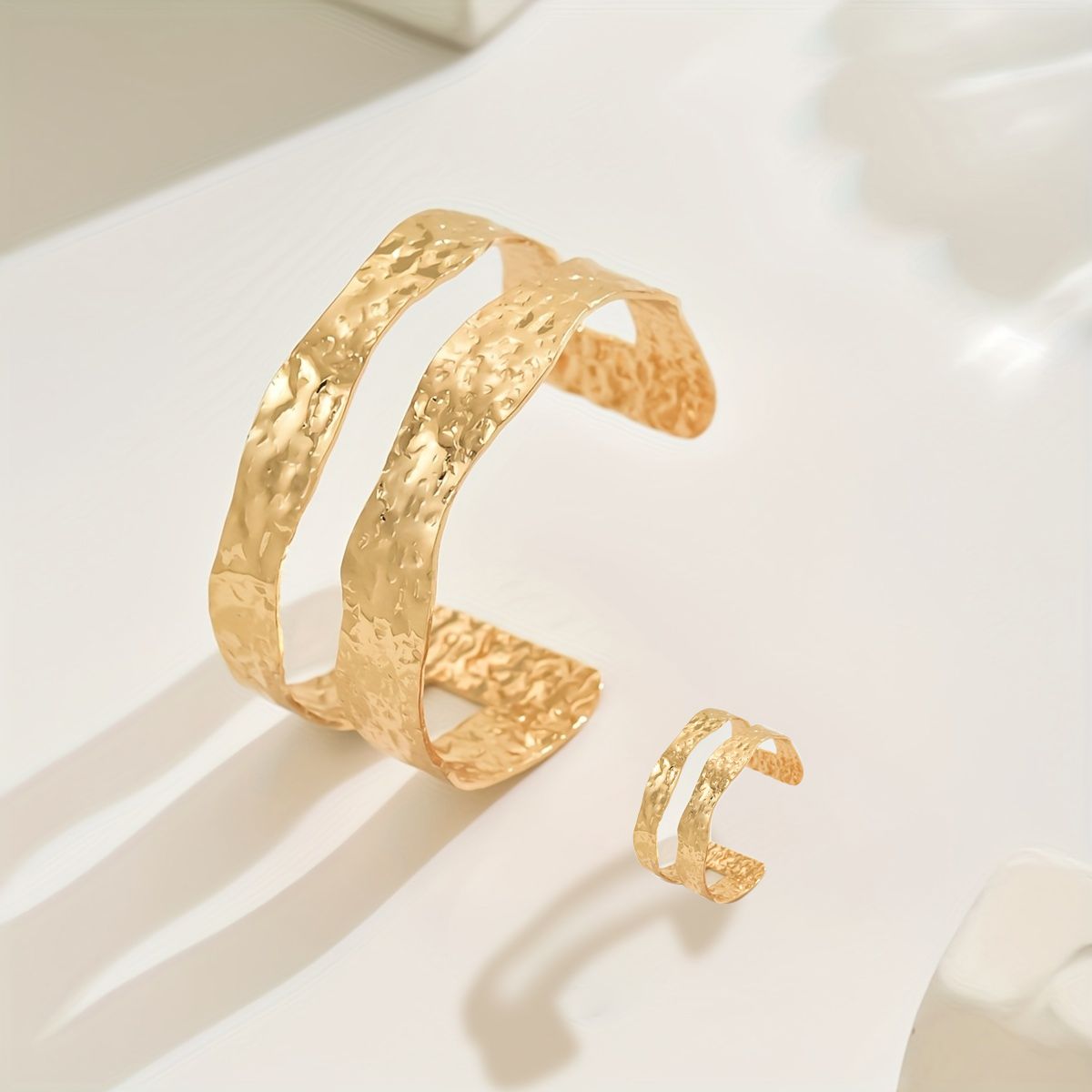 14K gold -Toned Hammered Texture Cuff Bracelet and Ring Set - Gee-Commerce, LLC