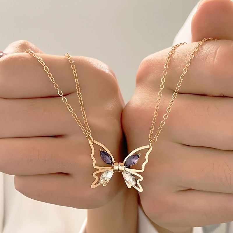 2pcs/set Zircon Butterfly Couple Necklace Fashion Creative Magnetic Hollow Butterfly Clavicle Chain Female Valentine's Day Gift - Gee-Commerce, LLC