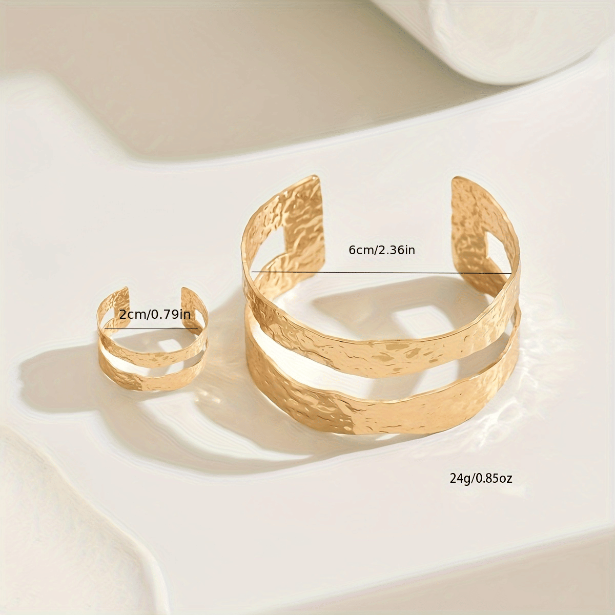 14K gold -Toned Hammered Texture Cuff Bracelet and Ring Set - Gee-Commerce, LLC