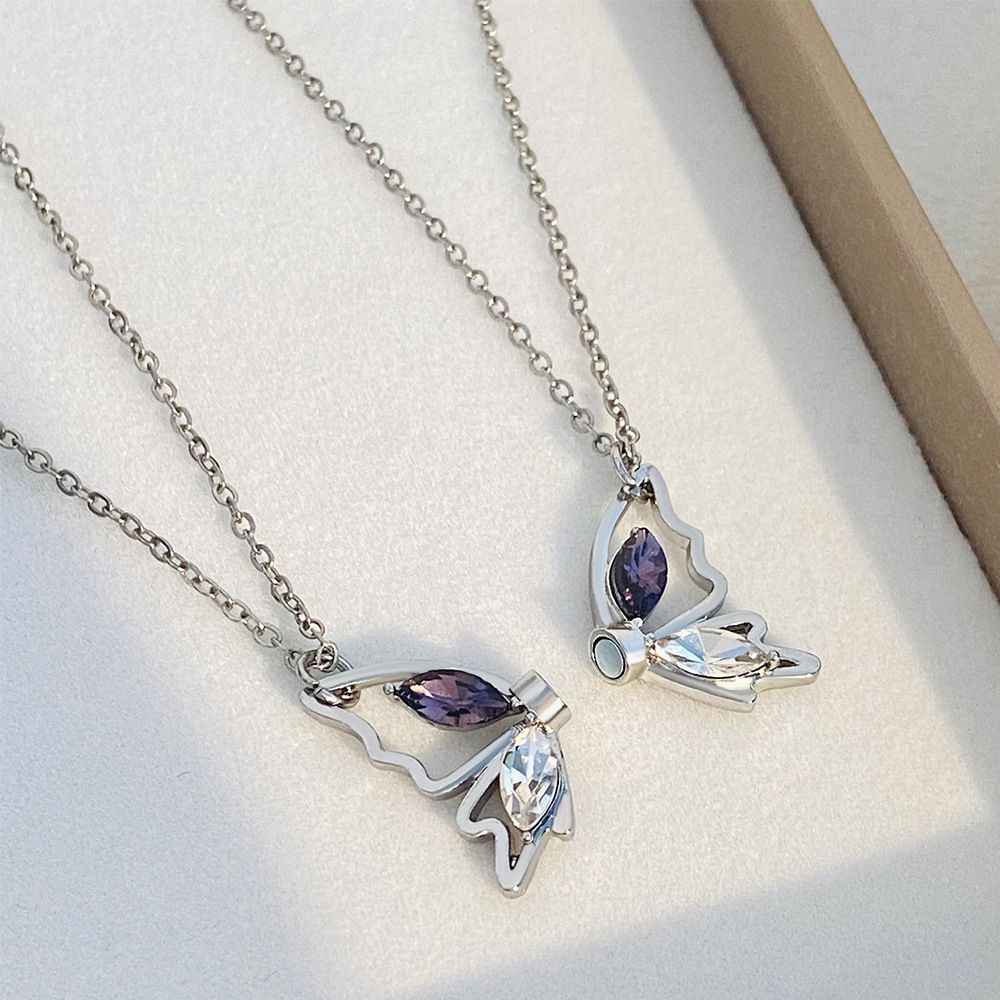 2pcs/set Zircon Butterfly Couple Necklace Fashion Creative Magnetic Hollow Butterfly Clavicle Chain Female Valentine's Day Gift - Gee-Commerce, LLC