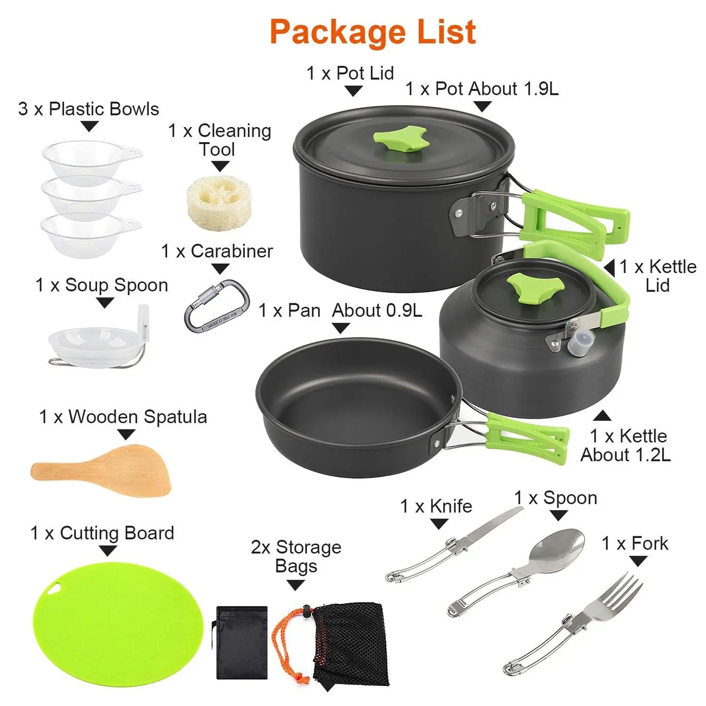 16Pcs Camping Cooking Ware Set Camping Stove Cookware Kit Aluminum Pot Pan Kettle Set with Bowls Knife Fork Spoon Carabiner Spatula Cutting Board for Hiking Picnic Outdoor Doba