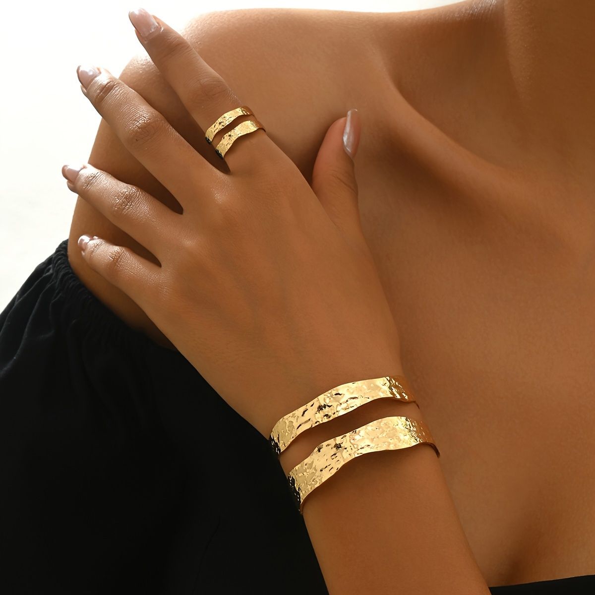 14K gold -Toned Hammered Texture Cuff Bracelet and Ring Set - Gee-Commerce, LLC