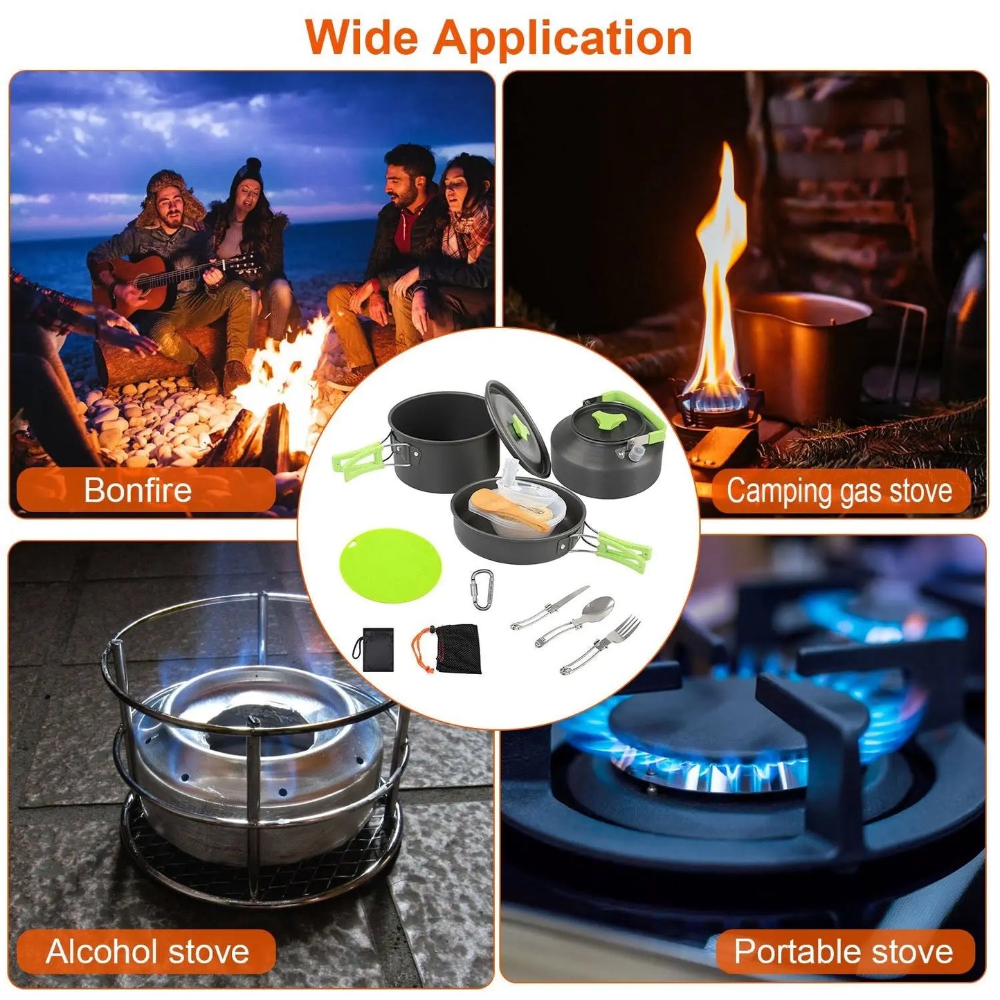 16Pcs Camping Cooking Ware Set Camping Stove Cookware Kit Aluminum Pot Pan Kettle Set with Bowls Knife Fork Spoon Carabiner Spatula Cutting Board for Hiking Picnic Outdoor Doba
