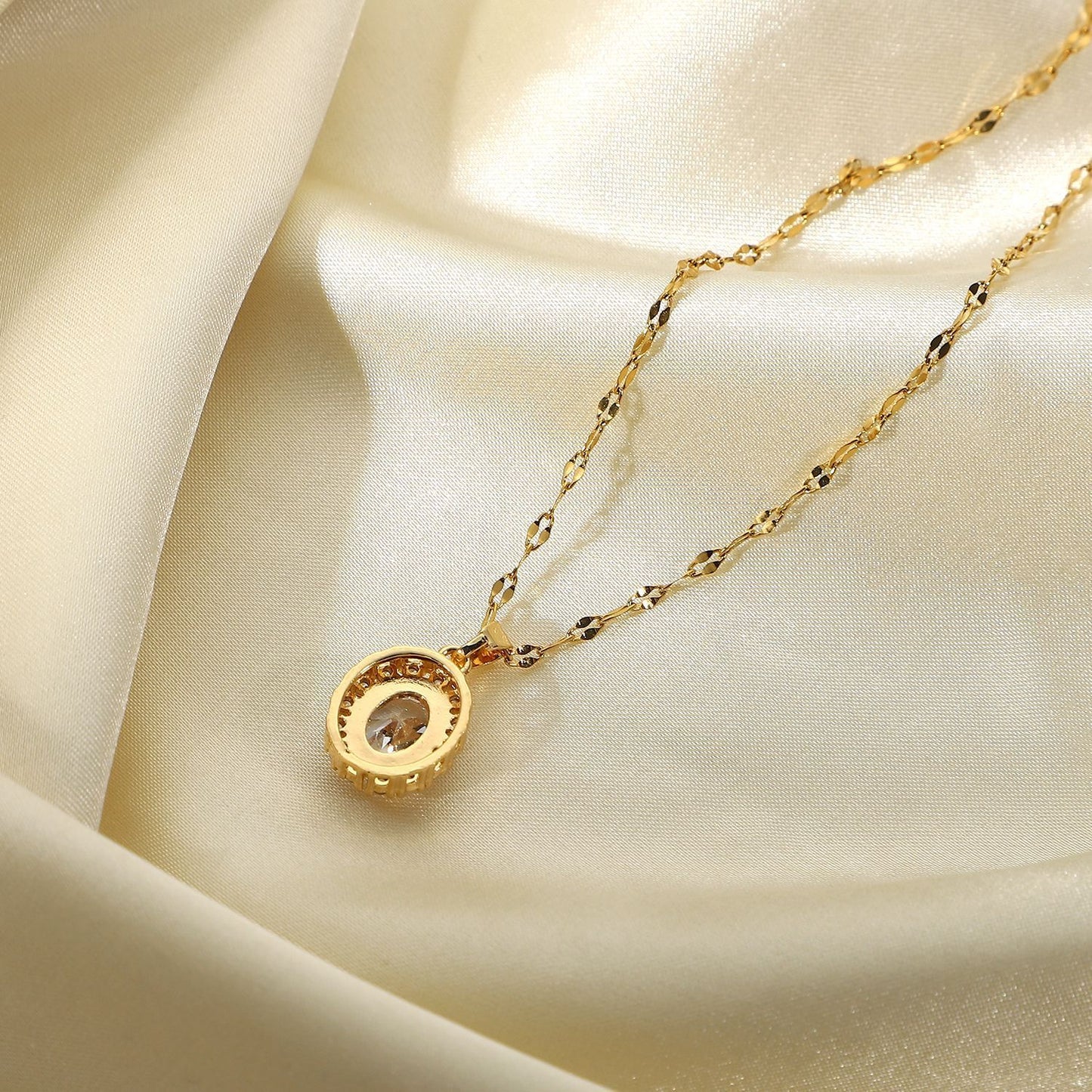 18k Gold Plated Stainless Steel Jewelry Unchangeable Oval White Cubic Zirconia Pendant Necklace For Women - Gee-Commerce, LLC