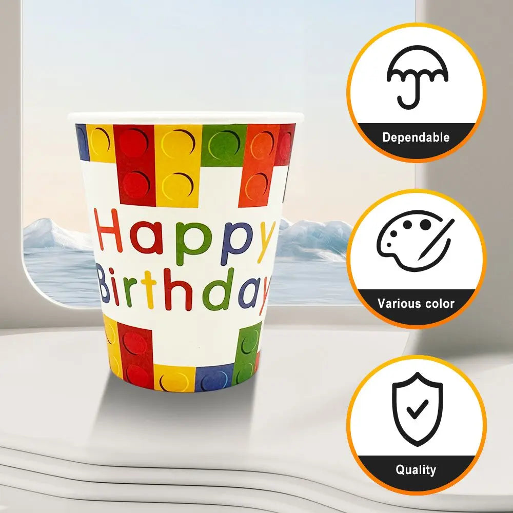 Vibrant Building Blocks Birthday Paper Cups - 9 oz. 3.13*5.63inch Sturdy & Eco-Friendly Party Supplies - Perfect for LEGO-Themed Celebrations-72pcs - Gee-Commerce, LLC