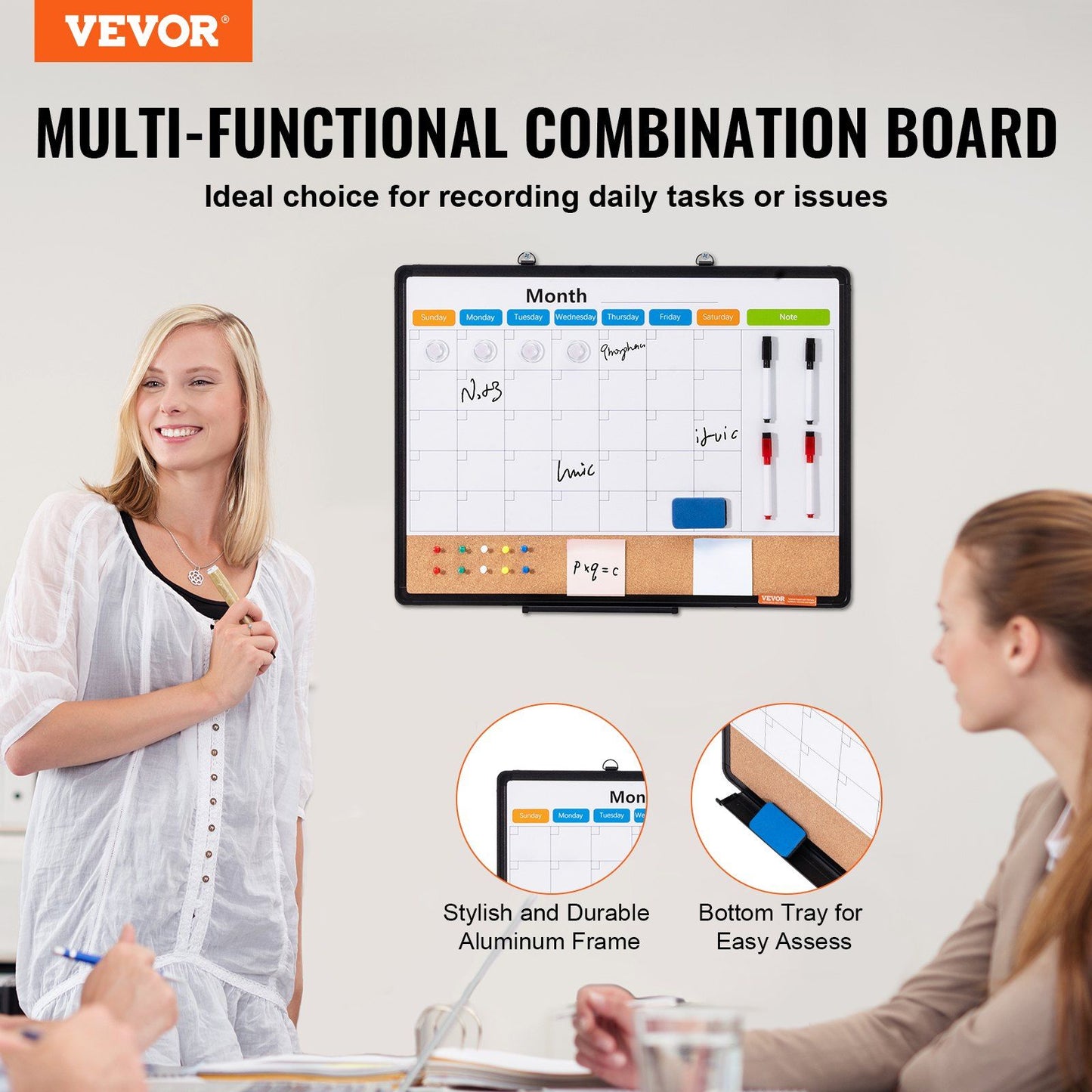 VEVOR 24"x18" Monthly Calendar Whiteboard & Cork Board Combo with Aluminum Frame Doba