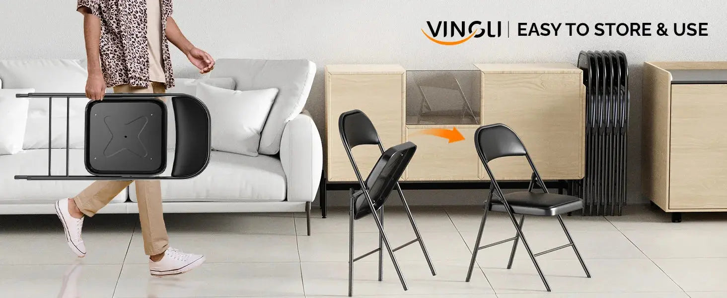 VINGLI Folding Chairs with Padded Seats, Metal Frame with PO Leather Seat & Back, Capacity 350 lbs., Black, Set of 10 My Store