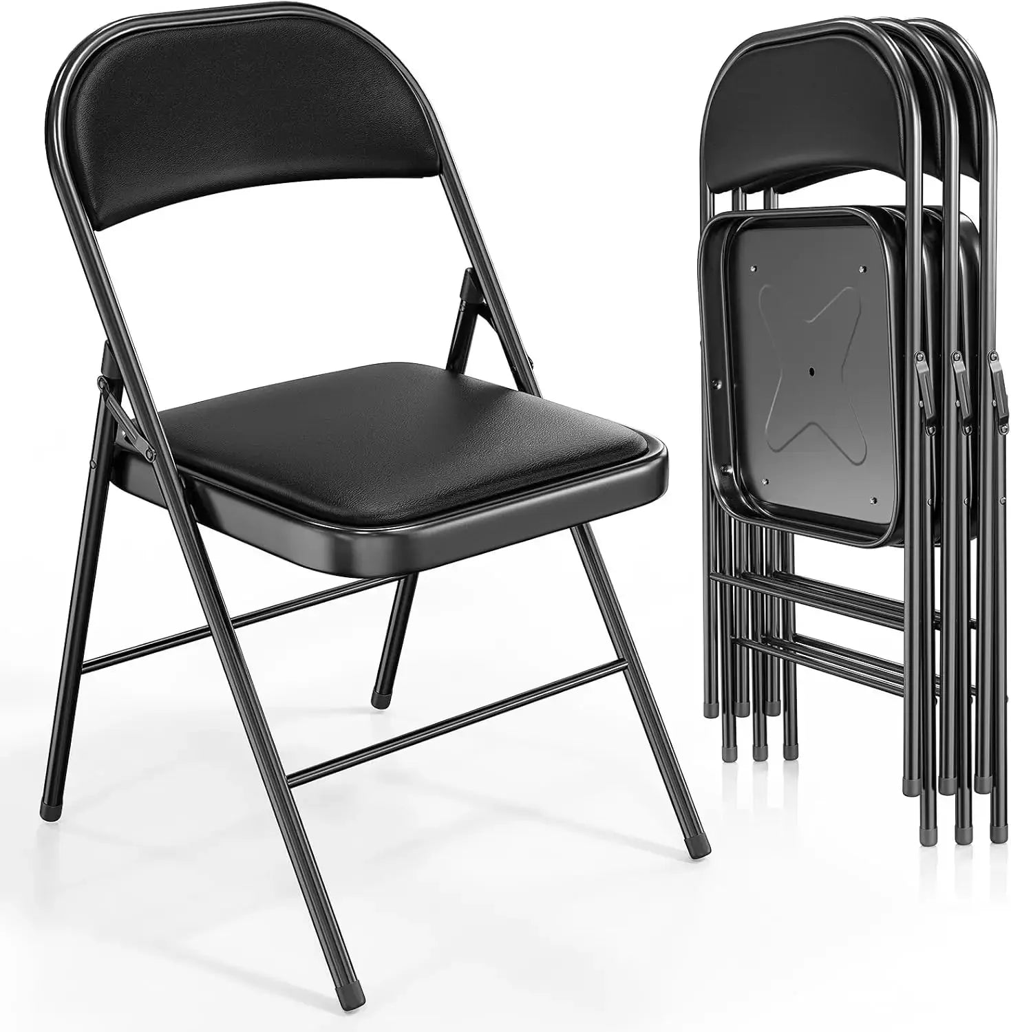 VINGLI Folding Chairs with Padded Seats, Metal Frame with PO Leather Seat & Back, Capacity 350 lbs., Black, Set of 10 My Store