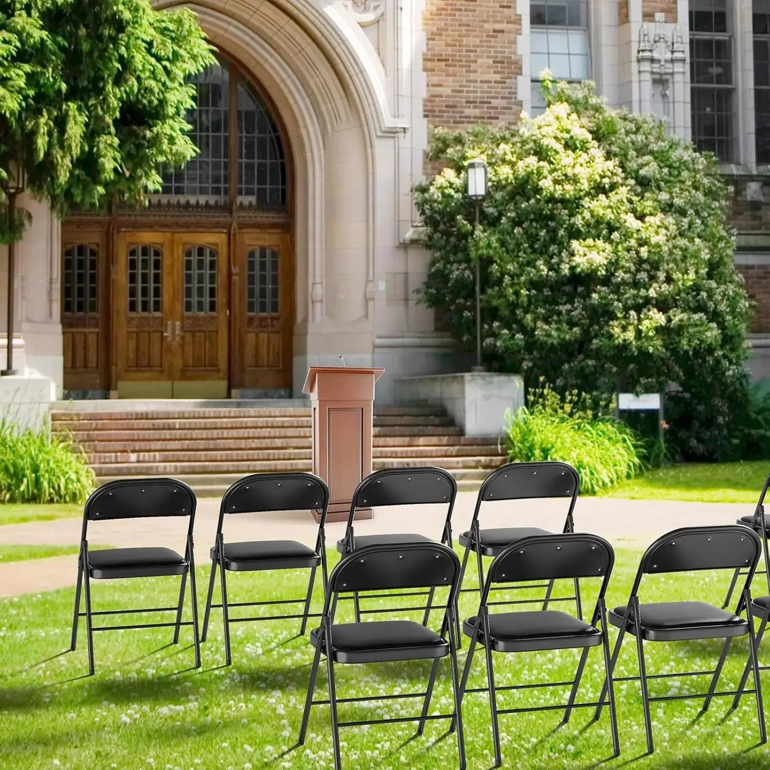 VINGLI Folding Chairs with Padded Seats, Metal Frame with PO Leather Seat & Back, Capacity 350 lbs., Black, Set of 10 My Store