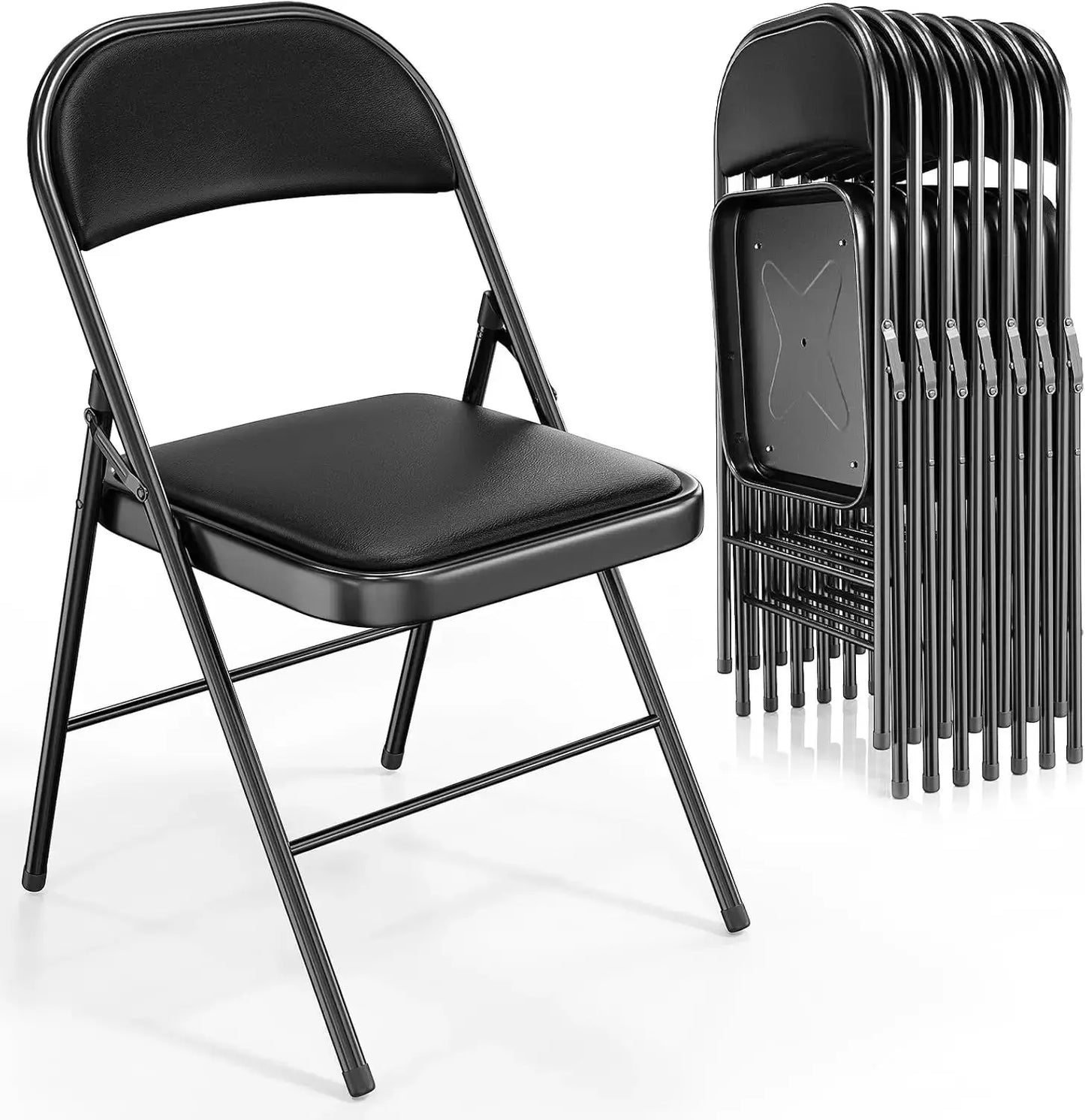 VINGLI Folding Chairs with Padded Seats, Metal Frame with PO Leather Seat & Back, Capacity 350 lbs., Black, Set of 10 My Store