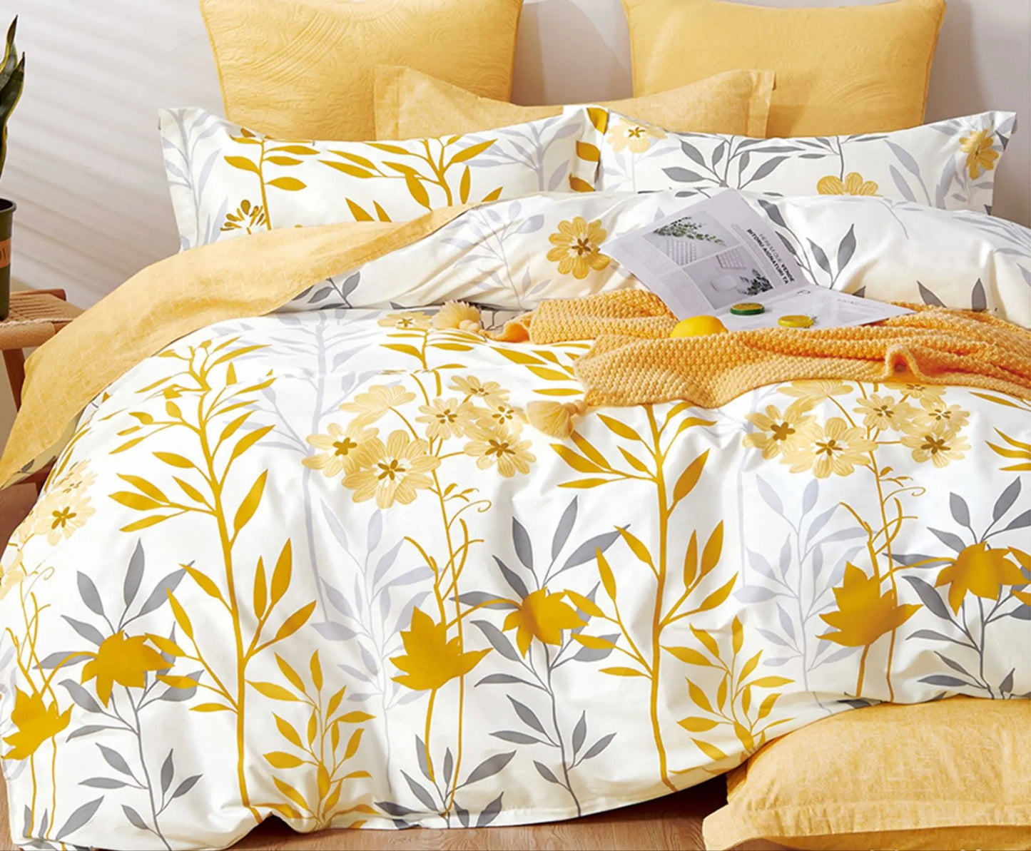 Autumn Yellow Floral 100% Cotton Reversible Comforter Set Say Yes Bedding