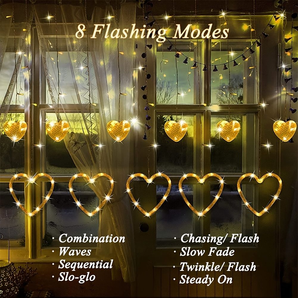 LED Curtain String Lights; 138 LED String Light Battery & USB Powered Waterproof Heart Shape Lights; 8 Flashing Modes For Girl Valentine's Day Wedding Christmas Restaurant Hotel Window; LED Lights - Gee-Commerce, LLC