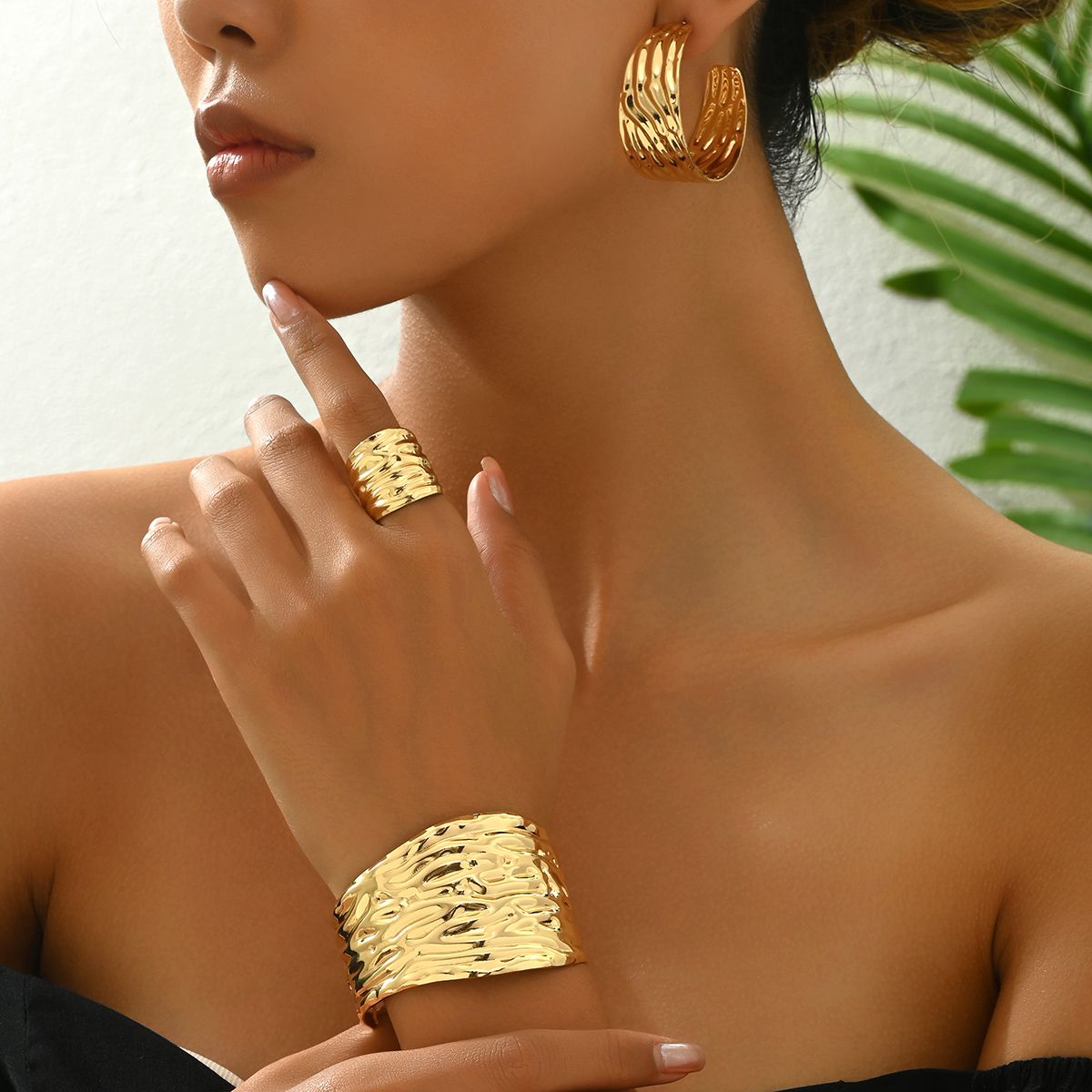 14K gold plated Golden Textured Hoop  Earrings and Cuff Bracelet Set Doba