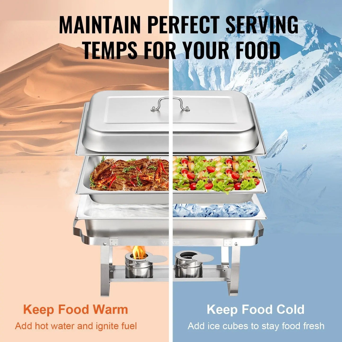 VEVOR 4-Pack Rectangle Chafing Dish Set with Full-Size 8Qt Pan Frame Fuel Holder VEVOR