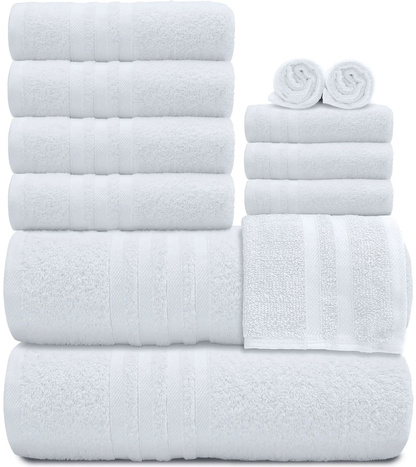 12 Piece Bath Towel Set for Bathroom 2 Bath Towels 4 Hand Towels 6 Washcloths 100% Cotton Soft and Plush Highly Absorbent Soft Towel for Hotel & Spa White Wealuxe