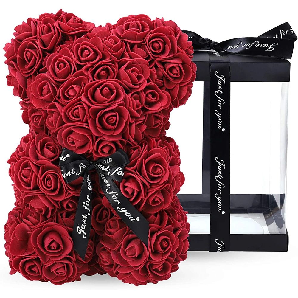 Gifts for Women - Rose Bear - Rose Flower Bear Hand Made Rose Teddy Bear - Gift for Valentines Day;  Mothers Day;  Wedding and Anniversary & Bridal Showers - w/Clear Clear Gift Box 10 Inch (Red) - Gee-Commerce, LLC