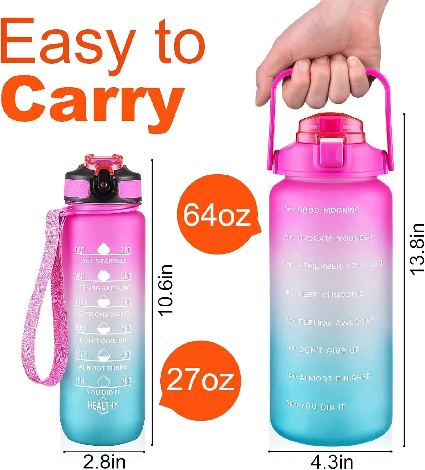 2 Pack Motivational Water Bottle With Straw, 27 oz & 64 oz GOLEE