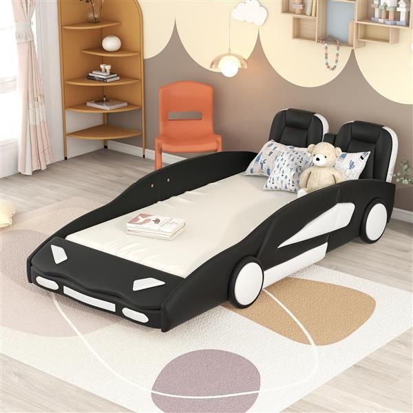 Twin Size Race Car-Shaped Platform Bed with Wheels, Black Doba