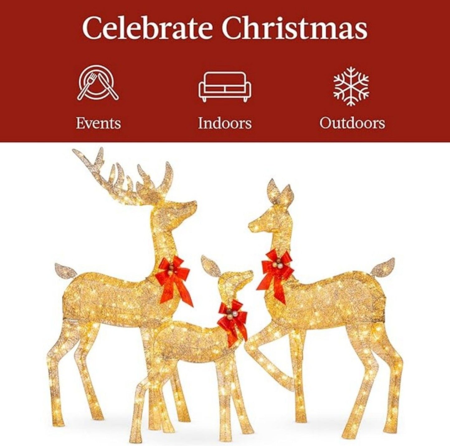 5ft 3-Piece Lighted Christmas Deer Family Set, Large Outdoor Yard Reindeer Holiday Decoration,Lighted Deer Set for Indoor Decor Doba