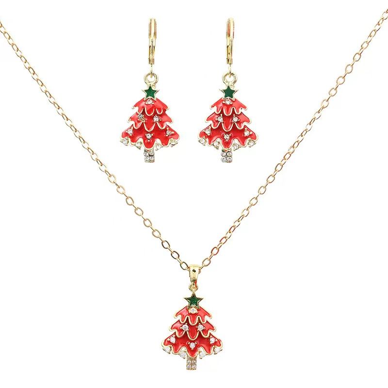 Christmas Tree Enamel and Rhinestone  Jewelry Set - Festive Necklace and Earrings Doba