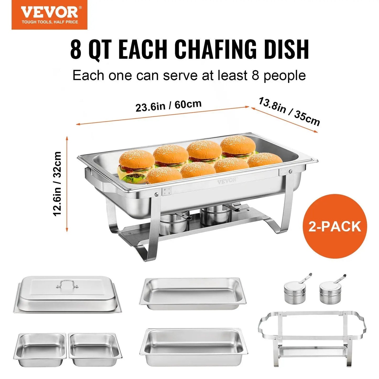 VEVOR 2-Pack Rectangle Chafing Dish Set 2 Full-Size 8Qt Pan 4 Half-Size 4Qt Pans VEVOR