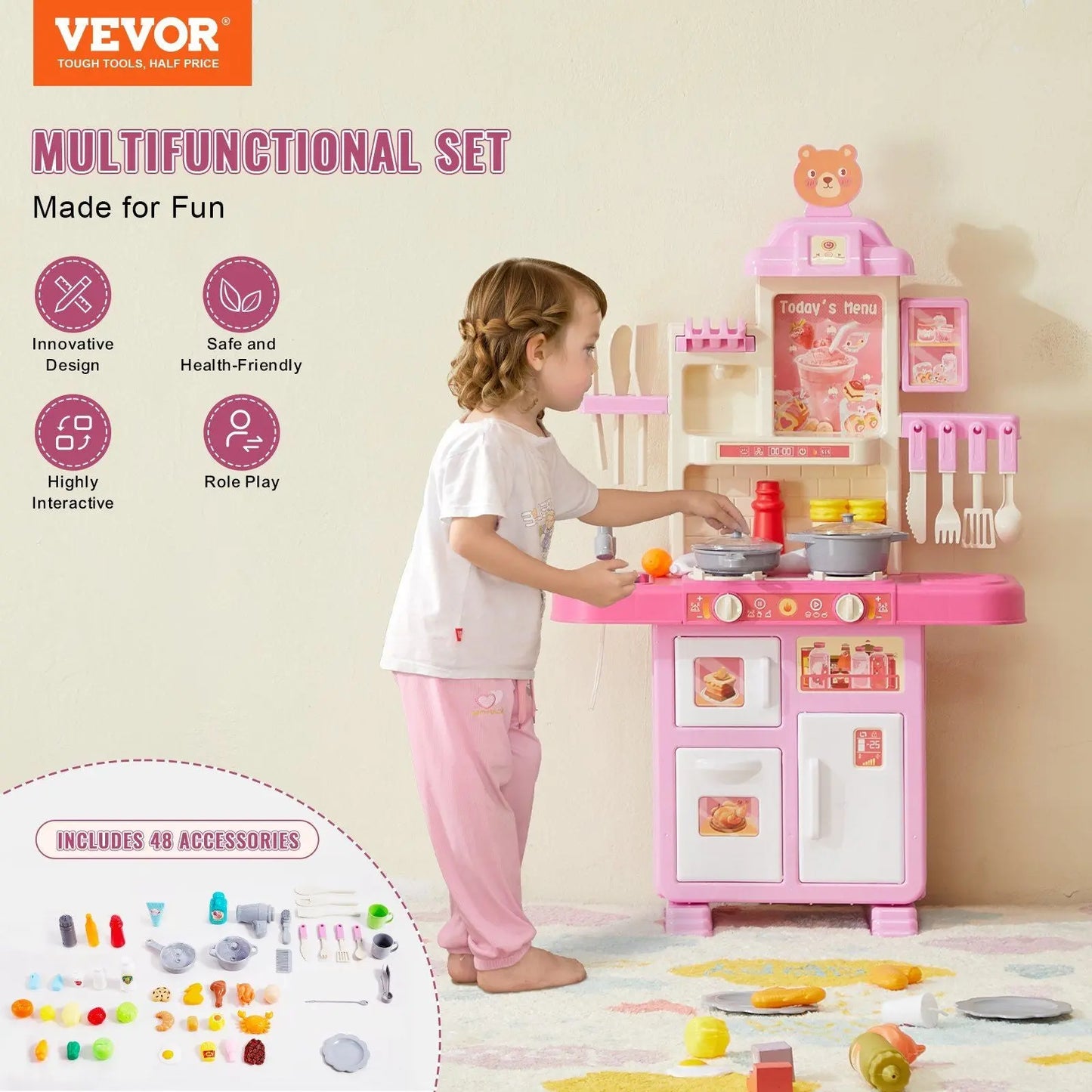 VEVOR Kitchen Playset Kids Pretend Cooking Play Toy 48 Piece Accessories Pink - Gee-Commerce, LLC