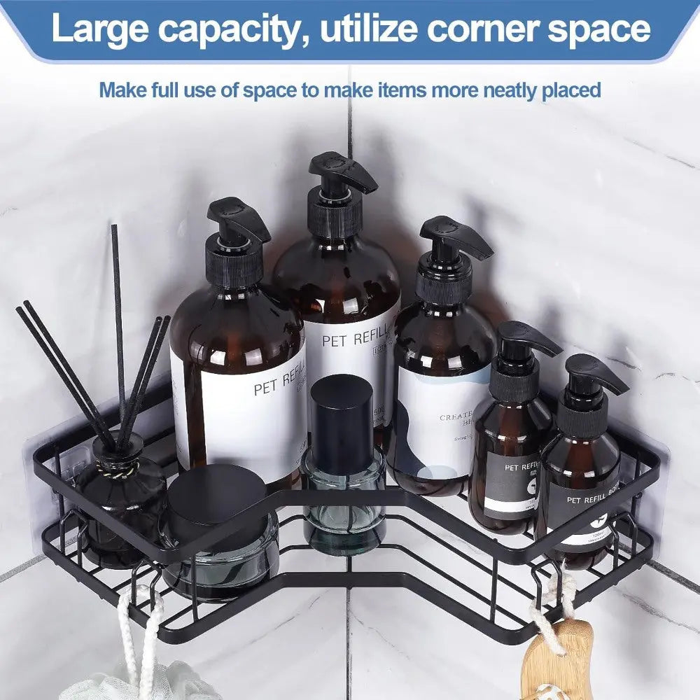 3-Piece Corner Shower Set - Rust Resistant Stainless Steel with Soap Holder, Hook & Non-Drilled Wall Mount, Black Doba