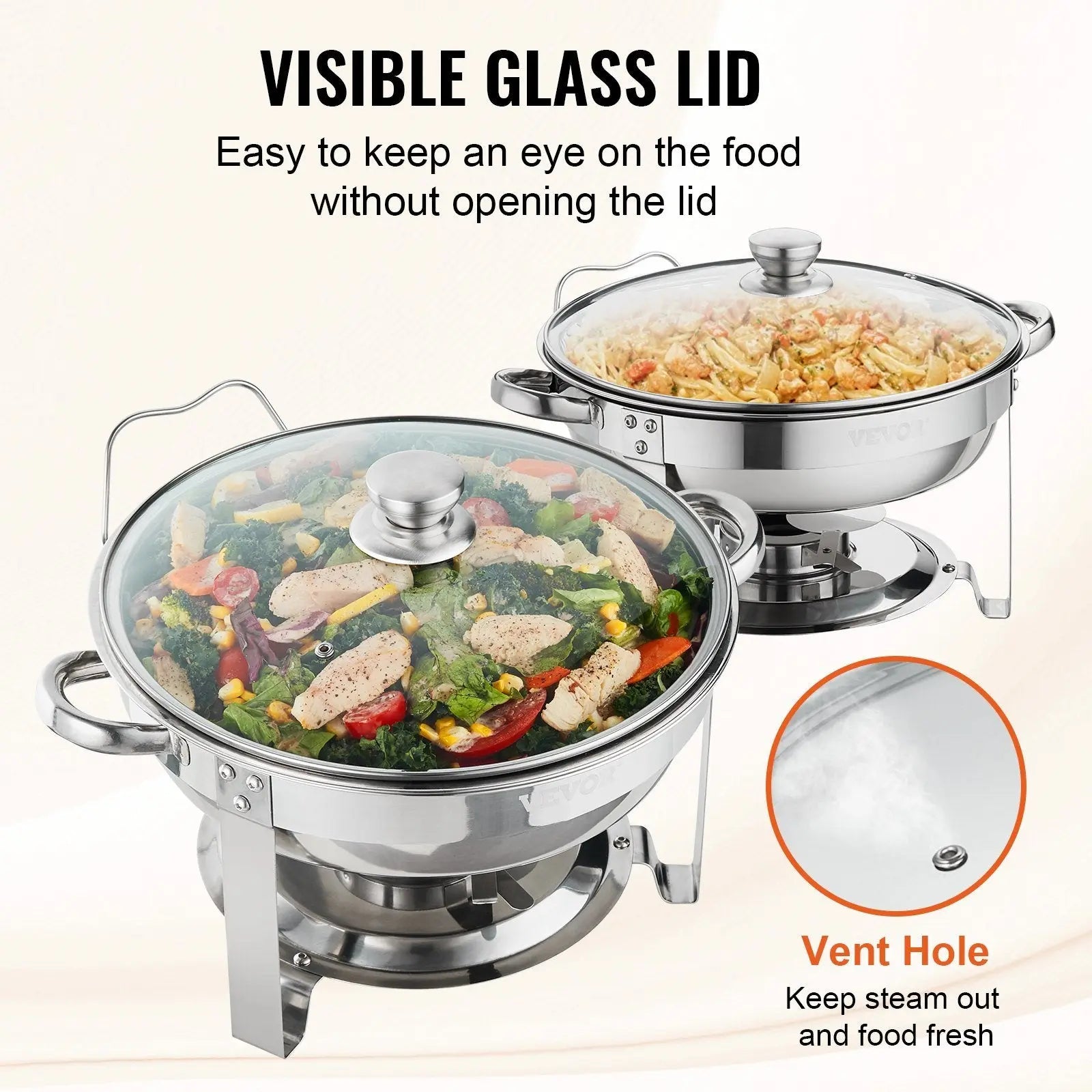 VEVOR 2-Pack Round Chafing Dish Set with Full-Size 4Qt Pan Glass Lid Fuel Holder VEVOR