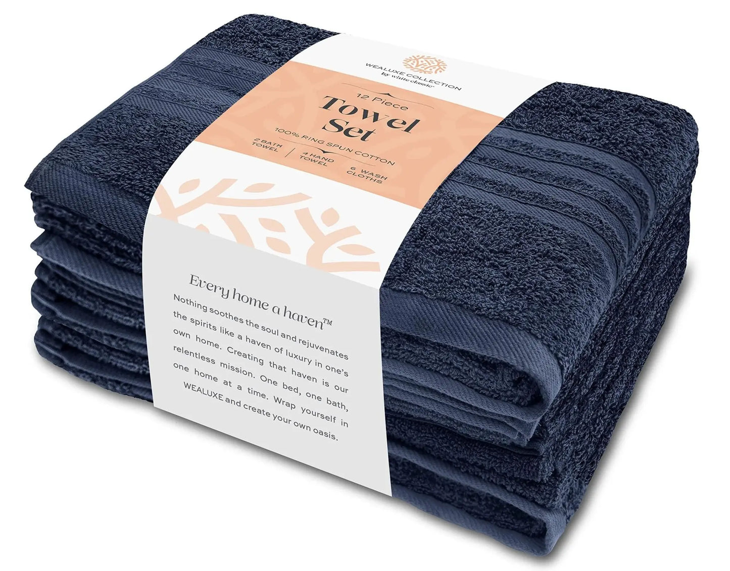 12 Piece Bath Towel Set for Bathroom Wealuxe Collection 2 Bath Towels 4 Hand Towels 6 Washcloths 100% Cotton Soft and Plush Highly Absorbent Soft Towel for Hotel & Spa Navy Blue Wealuxe