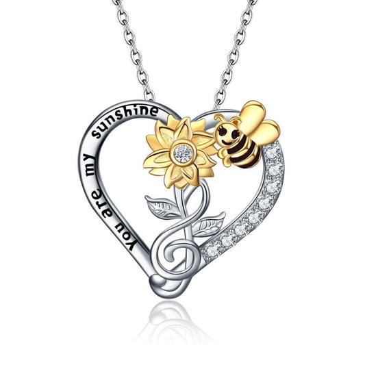 Silver Plated Rhinestone Heart Shaped Sunflower Bee Charm Necklace Valentine's Day Gift - Gee-Commerce, LLC