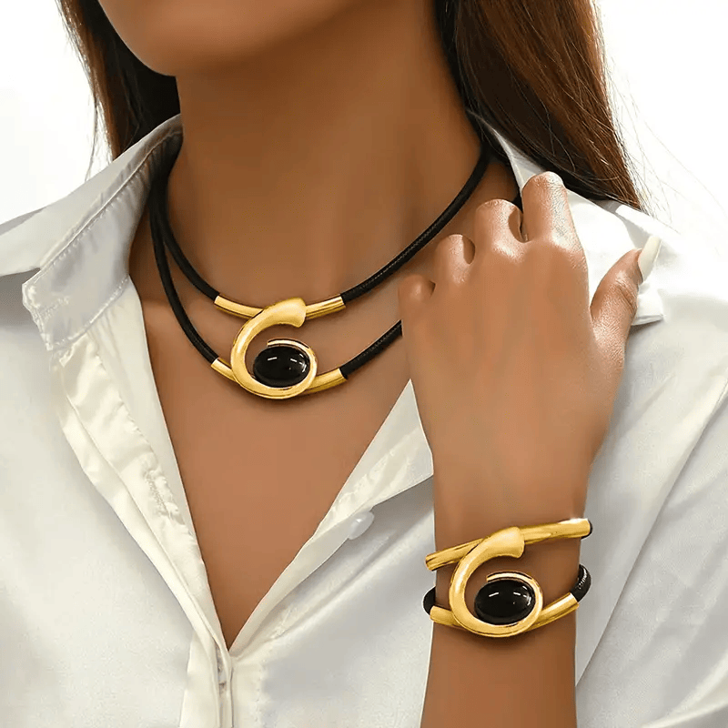 Modern Elegance: Black & Silver Leather  Choker Necklace and Bracelet Set Elegant 14K Gold Plated Black  Onyx Necklace and Bracelet Set Doba