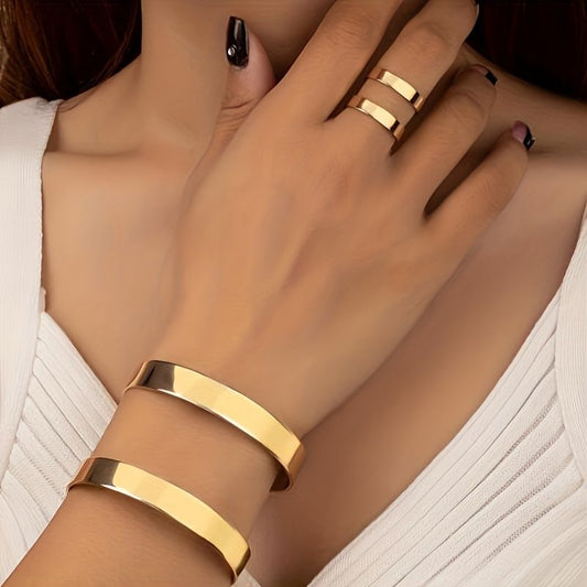 14K Gold Plated Cuff Bangle and  Ring Set - Minimalist Style Doba