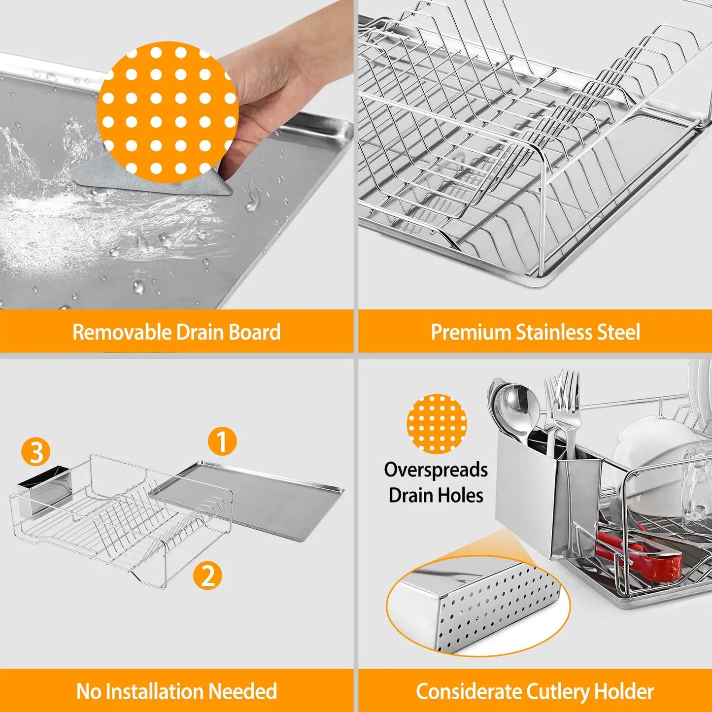 Stainless Steel Dish Rack w/ Drainboard Cutlery Holder Doba