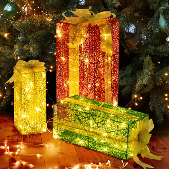 VINGLI Lighted Gift Boxes Set Of 3, Pre-lit Nestable Present Boxes Ornament With 90 LED Warm White Lights And Stakes For Christmas Outdoor Indoor Decorations Lighted Holiday Displays Doba