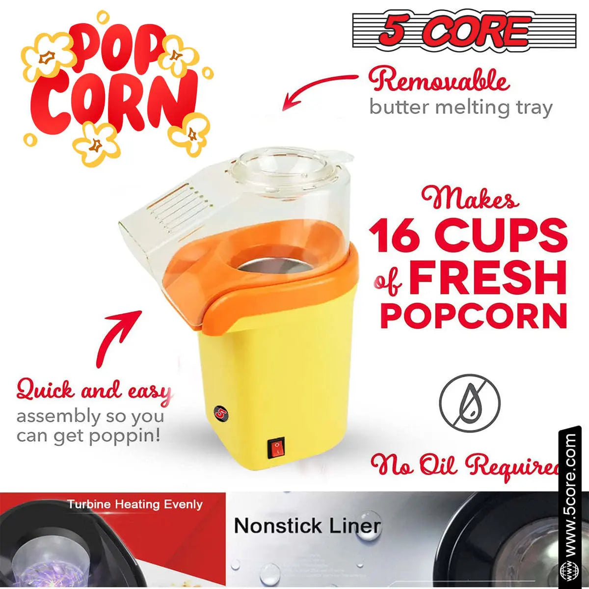 5 Core Popcorn Machine 16 Cup Capacity Hot Air Popper 5 Core