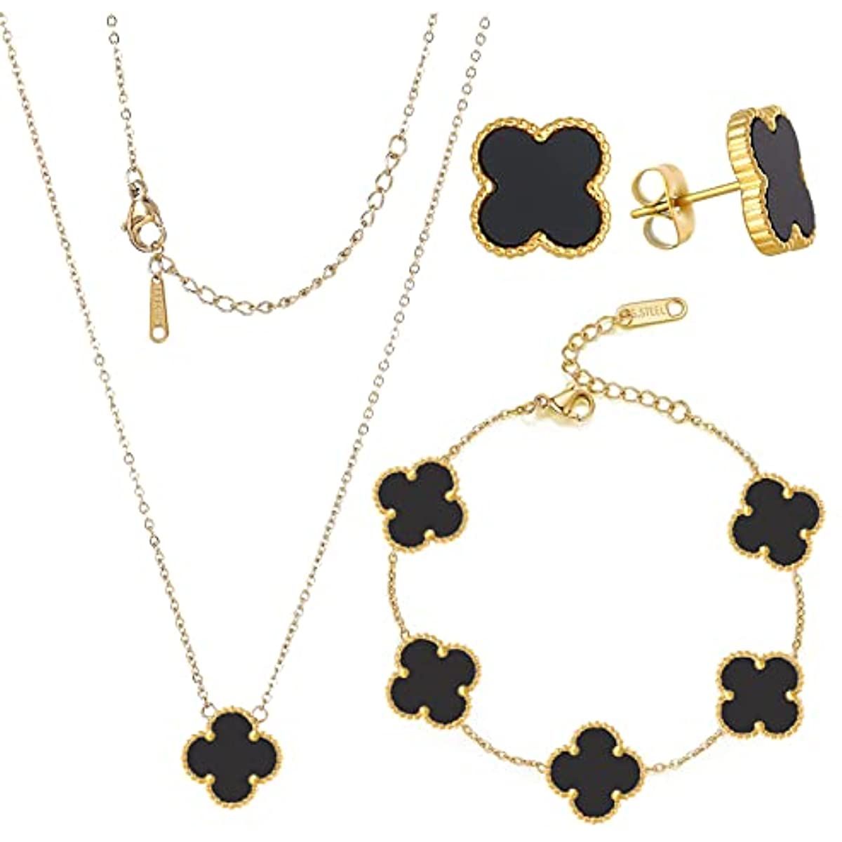 POLYREAL Lucky Clover Sets Bracelets Earring Necklace Pendant for Women 18K Gold Plated Cute Simple Fashion Jewelry (Gold-Black) Doba