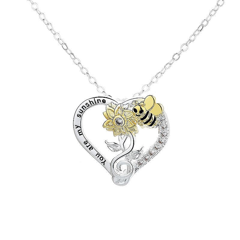 Silver Plated Rhinestone Heart Shaped Sunflower Bee Charm Necklace Valentine's Day Gift - Gee-Commerce, LLC