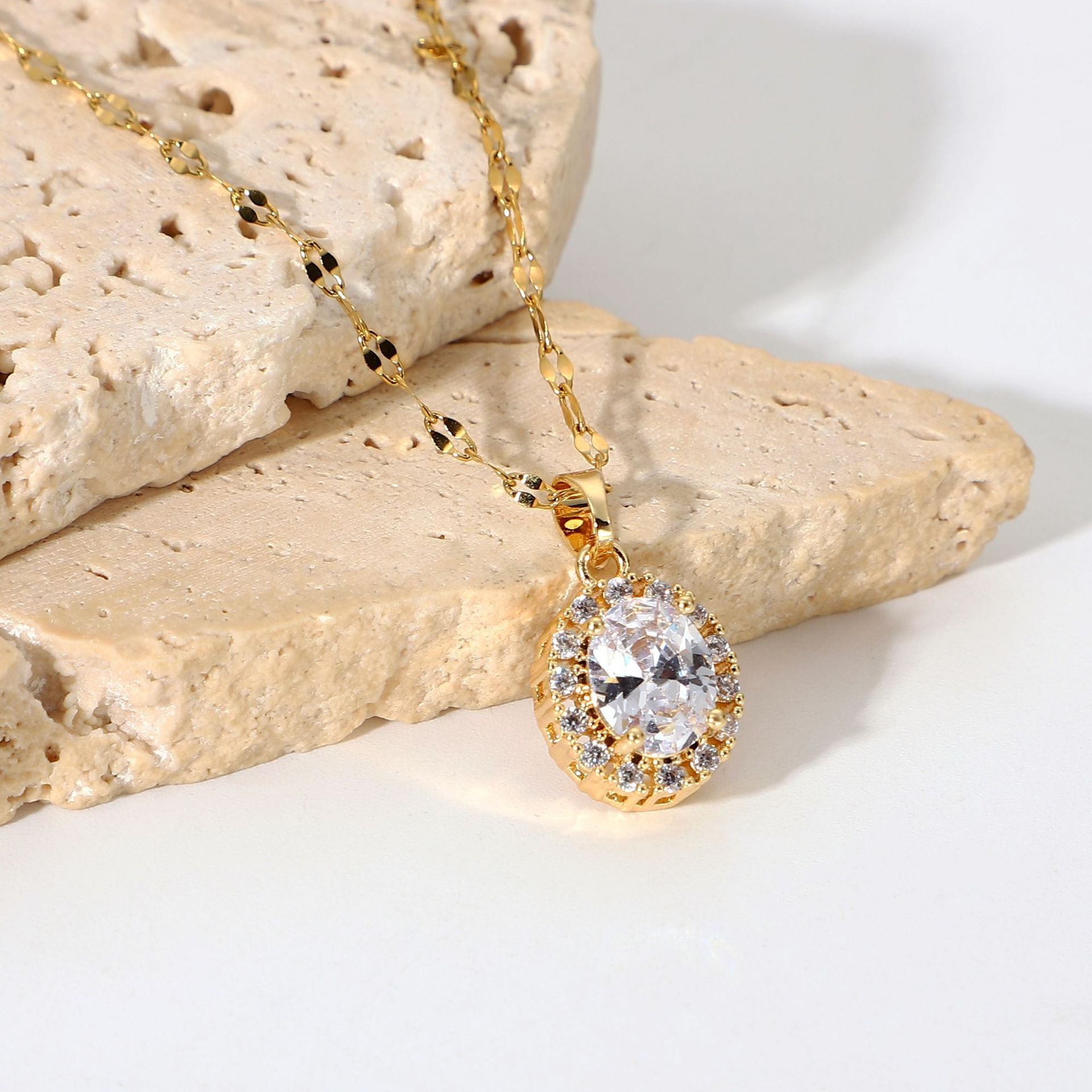 18k Gold Plated Stainless Steel Jewelry Unchangeable Oval White Cubic Zirconia Pendant Necklace For Women - Gee-Commerce, LLC