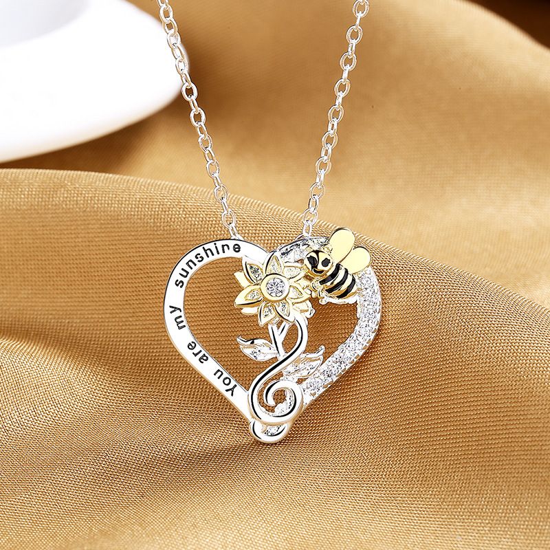 Silver Plated Rhinestone Heart Shaped Sunflower Bee Charm Necklace Valentine's Day Gift - Gee-Commerce, LLC