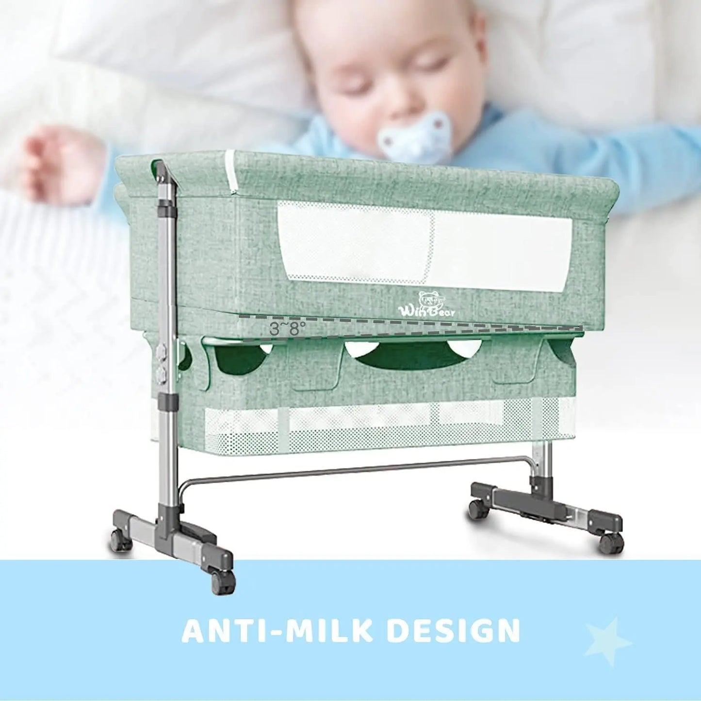 Baby 3 in 1 Bedside Crib & Portable Bed with Mosquito Nets - Green KH