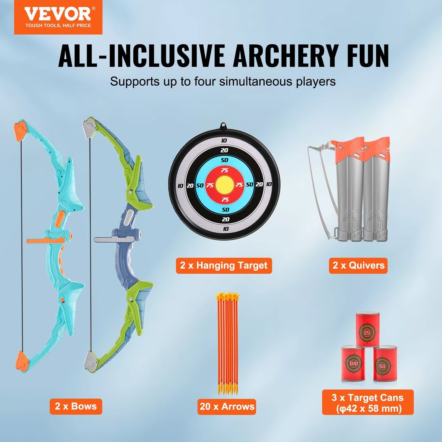 VEVOR Bow and Arrow Set for Kids, 2 Pack LED Light Up Archery Set with 20 Suction Cup Arrows, 2 Hanging Targets, 2 Quivers, 3 Target Cans, Outdoor Toy Birthday Gift for Boy & Girl 6 7 8 9 10+ Year Old Doba