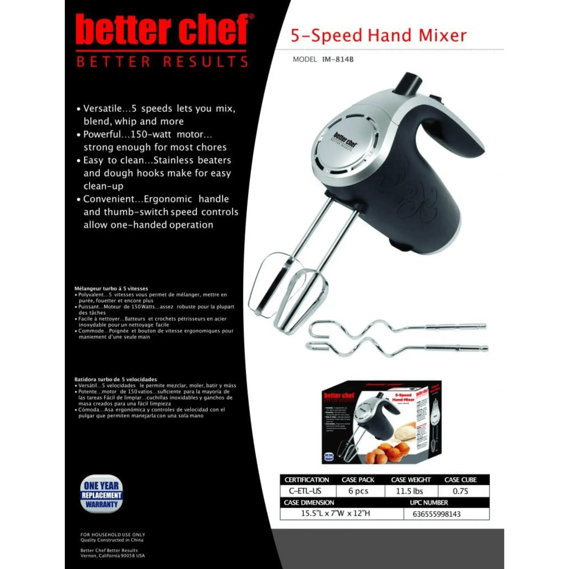 Better Chef 5-Speed 150W Hand Mixer with Silver Accents - Gee-Commerce, LLC