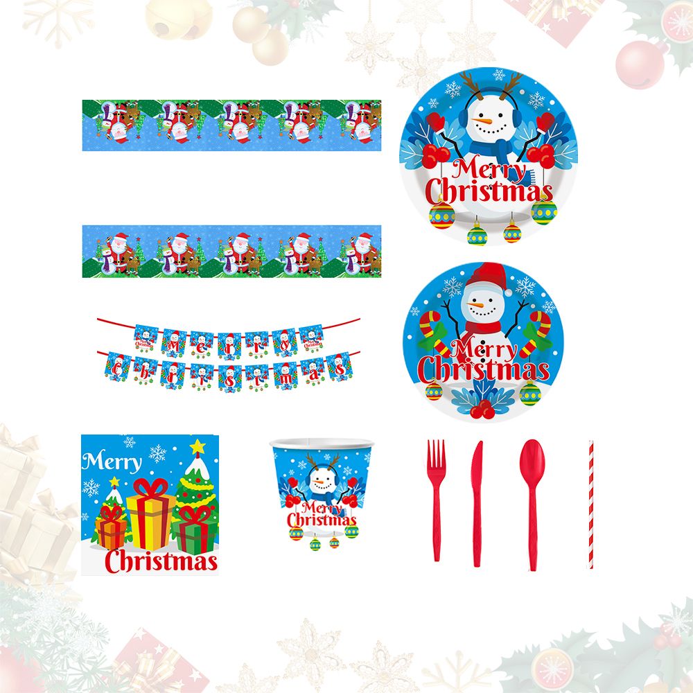 Christmas 10-piece set   Set Party Supplies Snowman Disposable Tableware Paper Plates and Napkins Banners Plastic tablecloths Cutlery Serves 60 for Merry Christmas Party Home Indoor Outdoor Decor Doba