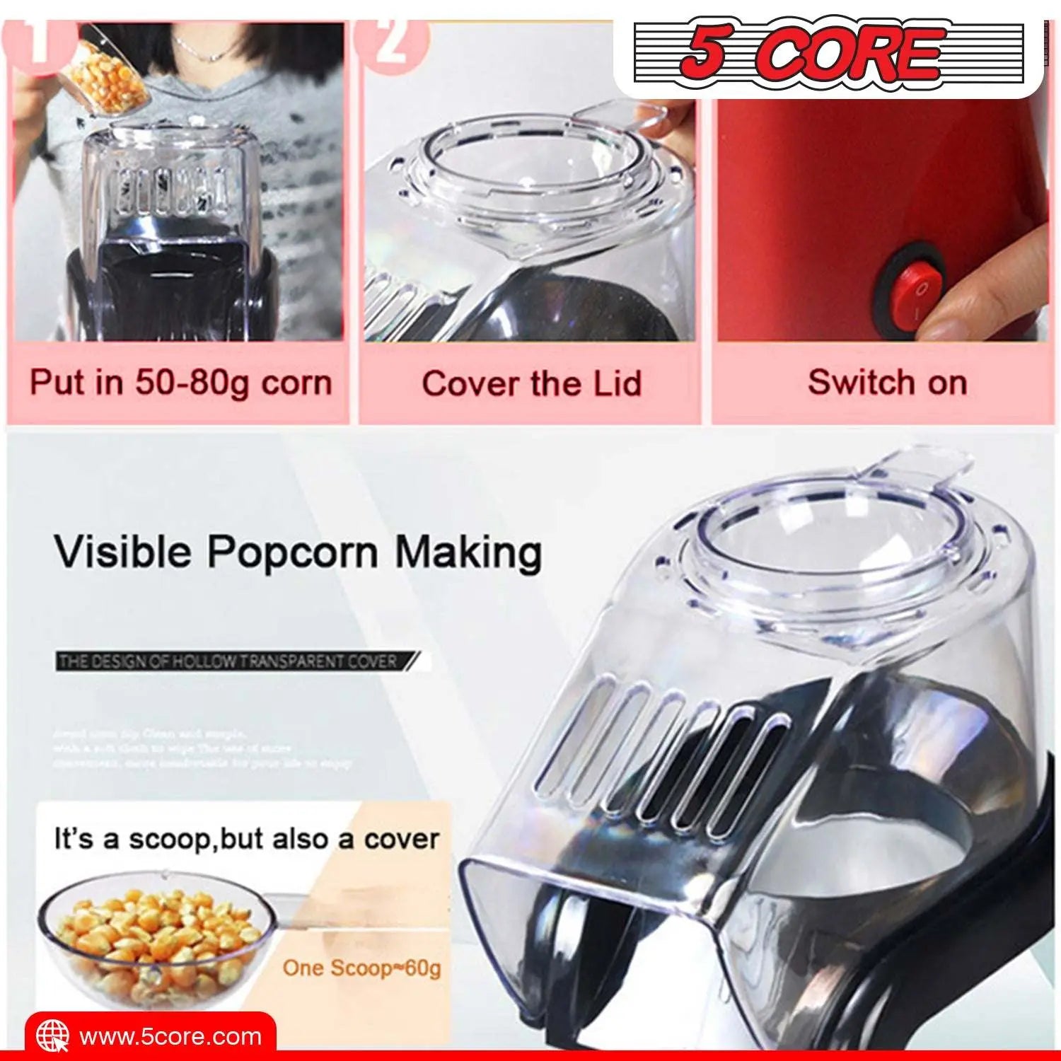 5 Core Popcorn Machine 16 Cup Capacity Hot Air Popper 5 Core