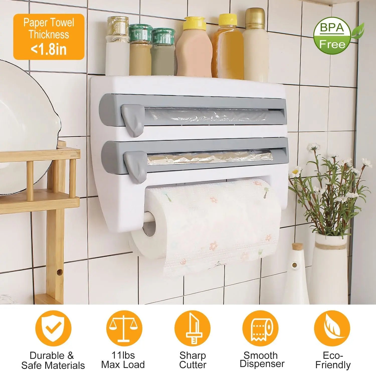 Kitchen Roll Dispenser Paper w/ Cutter Wall Mount Doba