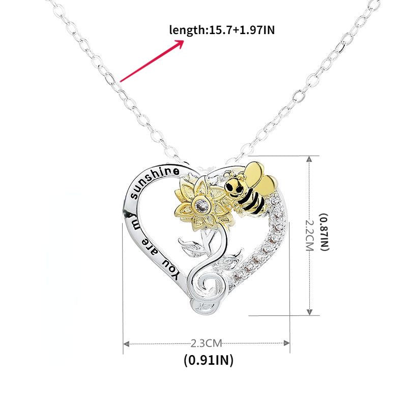 Silver Plated Rhinestone Heart Shaped Sunflower Bee Charm Necklace Valentine's Day Gift - Gee-Commerce, LLC