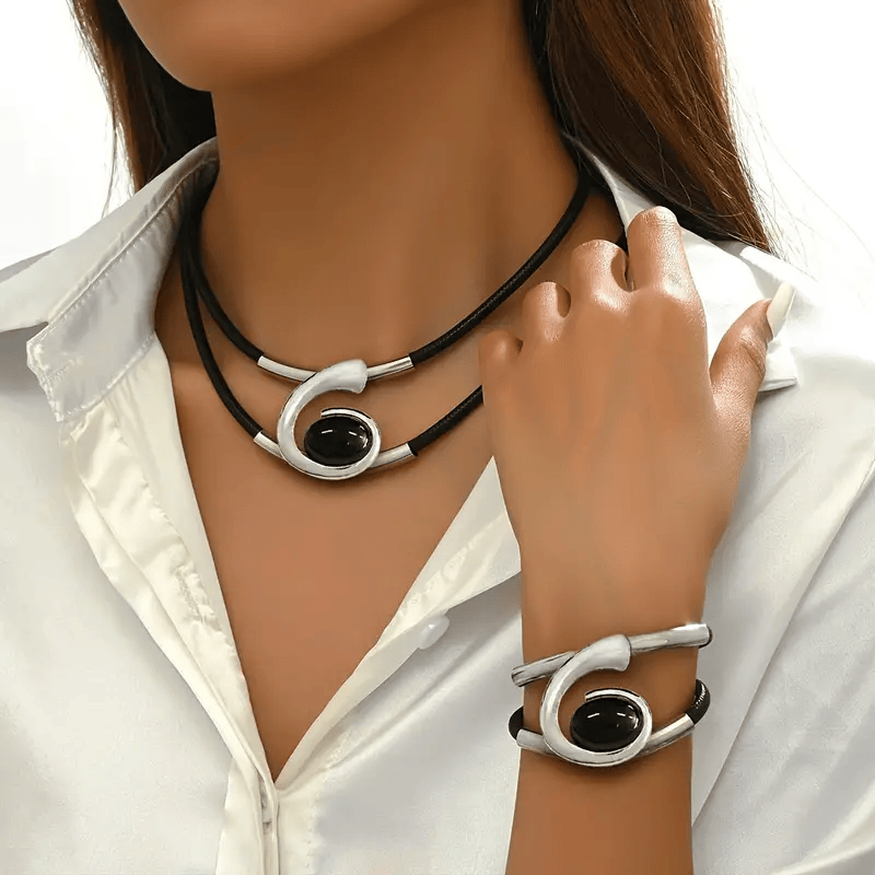 Modern Elegance: Black & Silver Leather  Choker Necklace and Bracelet Set Elegant 14K Gold Plated Black  Onyx Necklace and Bracelet Set Doba