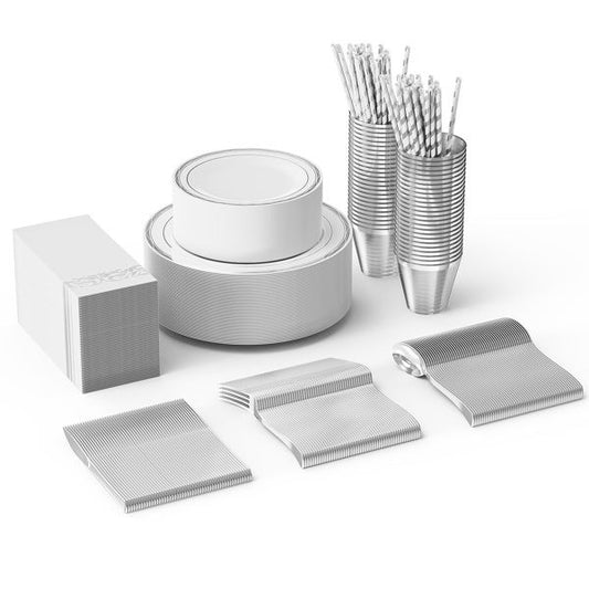 50 sets of flat plastic circular silver disposable tableware, including size plates, cups, knives, forks, tissues, straws Doba